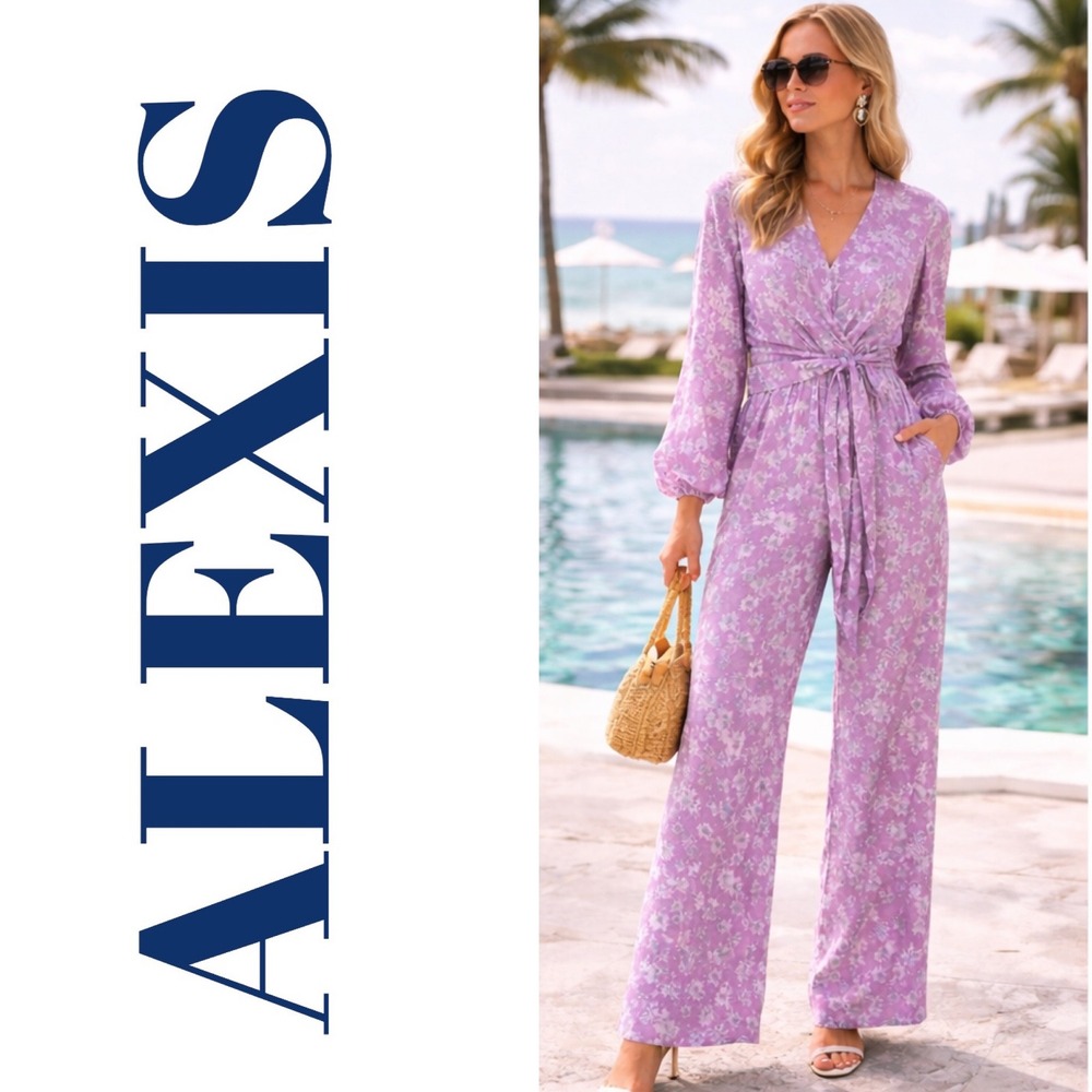 NWT‎ ALEXIS Shanice Purple Floral Wrap Jumpsuit Smocked Waist Wide Leg Romantic